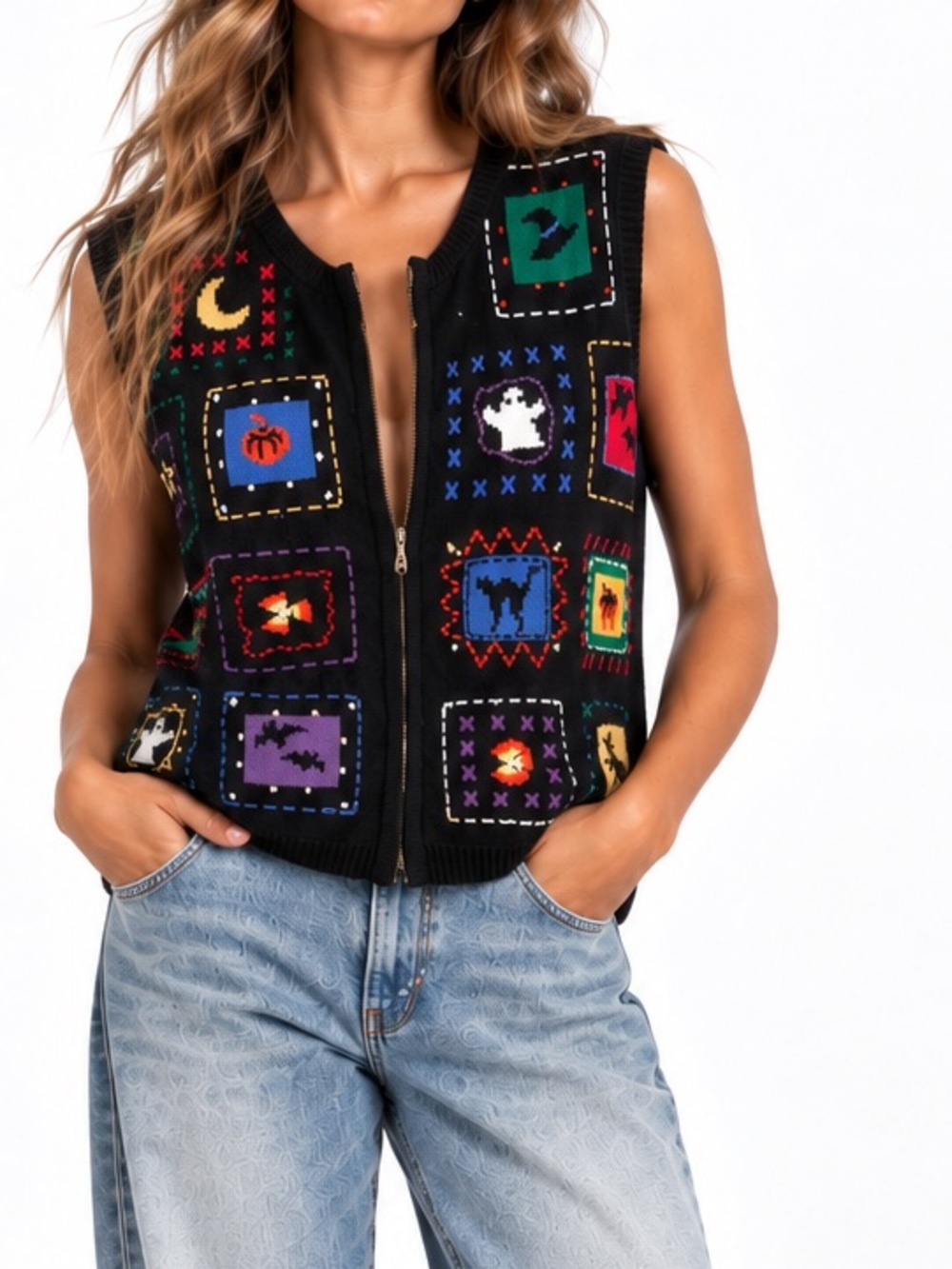 Talbots Vintage Halloween Novelty Crochet Light Weight Zip Up Vest Size Medium